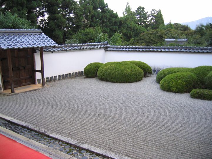 Raked gravel courtyard with clipped shrubs and a white wall