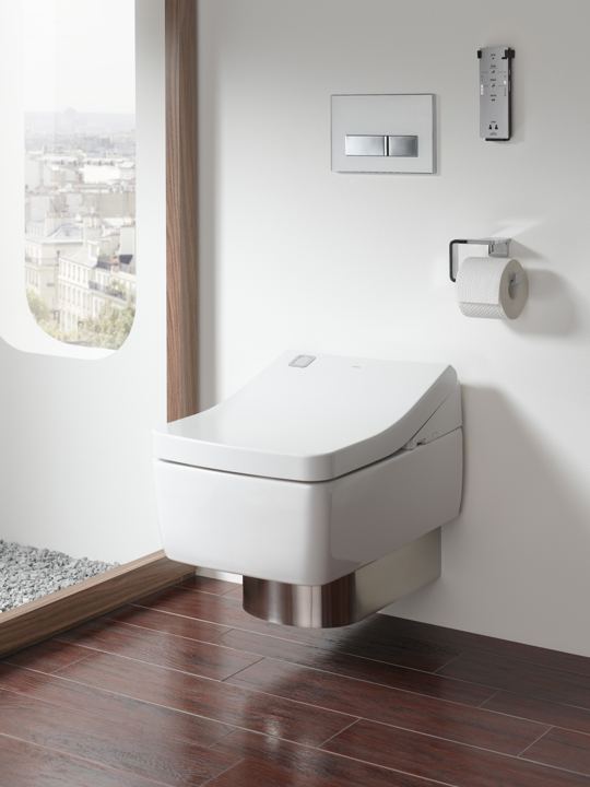 Wall-hung toilet with WASHLET in a modern washroom
